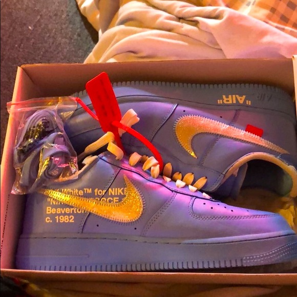 Off white Air Force 1s blue with extra laces